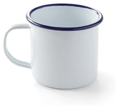 Produktbild von 12x Emaillie Tasse mit Henkel, weiß blau, 360 ml, Ø 9 cm