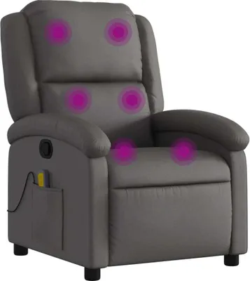 Produktbild von Massagesessel Grau Echtleder 71 x 86,5 x 99,5 cm (B x T x H) mit 6-Punkt-Vibrationsmassage und manueller Liegefunktion