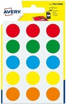 Produktbild von Avery PSA19MX selbstklebendes Etikett Rund Dauerhaft Gemischte Farben 90 Stück(e)