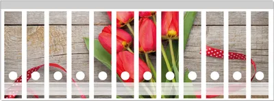 Produktbild von Wallario Ordnerrücken Sticker, selbstklebend für breite Ordner, 12 Stück, Motiv Rote Tulpen auf einem alten Holztisch