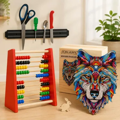 Produktbild von Lernspielzeug-Set für Kinder (3-teilig) – Holzpuzzle, Zählrahmen & magnetische Anzeigeleiste