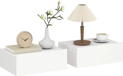Image de Tables de chevet murales - Lot de 2 - Suspendues - 1 tiroir - Bois - 40 x 30 x 15 cm - Blanc
