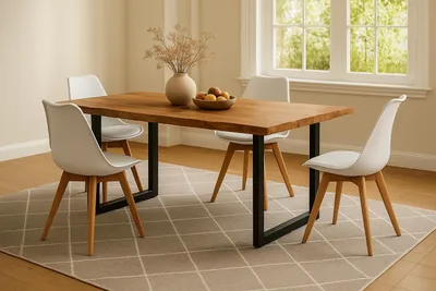 Produktbild von 5-TLG. Essgruppe Quinn | Esstisch mit 4 Stühlen | 140x80 cm | Esstisch mit echter Baumkante | Akazienholz massiv + Naturfarben | U-Gestell Schwarz | 4X Schalenstuhl Weiß