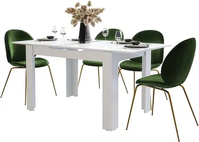 Produktbild von Esstisch ausziehbar - moderner Holztisch in Weiß mit Synchronauszug - Stabiler Esszimmertisch für 4-6 Personen - Design Tisch für Wohnzimmer & Küche, rechteckig, erweiterbar