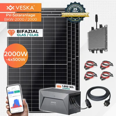 Immagine prodotto di Centrale elettrica da balcone 2000W Bifacciale con accumulo Anker Sistema solare fotovoltaico vetro/vetro set completo WIFI Smart mini impianto fotovoltaico 2000 watt