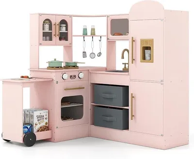 Imagen del producto de Cocina de juguete con luces y sonidos, cocina de madera con carrito extraíble, microondas, horno, máquina de helados y accesorios, cocina de juego para niños pequeños, tanto para niños como para niñas, a partir de 3 años (rosa)