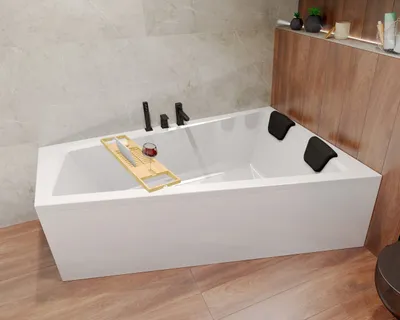 Zdjęcie produktu dla Wanna Akrylowa Zestaw 4w1 Asymetryczna 150x85 Prawa Biała + Półka Bambusowa, Nowoczesny Premium Syfon i Nogi (stelaż) w komplecie | BADLAND INTIMA