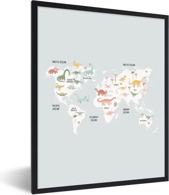 Produktbild von MuchoWow® Gerahmtes Poster Kinderzimmer - Weltkarte - Dinosaurier 60x80 cm - Poster mit Schwarzem Bilderrahmen Wandposter Rahmen Foto Bilder - Premium - Wanddeko Wohnzimmer
