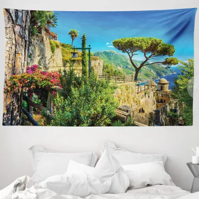 Produktbild von ABAKUHAUS Landschaft Wandteppich, Dorf Bäume Blüten aus Weiches Mikrofaser Stoff Waschbar ohne Verblassen Digitaldruck, 230 x 140 cm, Mehrfarbig