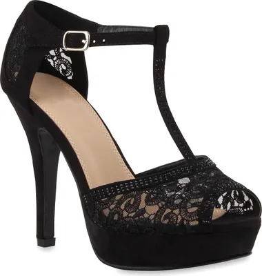 Produktbild von Mytrendshoe Damen Plateausandaletten Spitze T-Strap Sandaletten Party Schuhe 79020, Farbe: Schwarz, Größe: 37