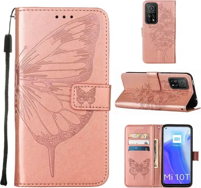 Produktbild von Xiaomi Poco M3 Pro 5G Hülle, Schmetterling Prägung Flip Leder Kartenfächer Schutzhülle Ledertasche mit Ständer für Xiaomi Redmi Note 10 5G / Poco M3 Pro 5G Roségold