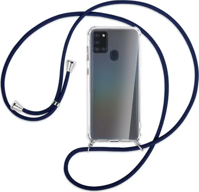 Produktbild von Handykette Backcover-Schutzhülle mit Band (Metall silberfarben) für Samsung Galaxy A21s - dunkelblau