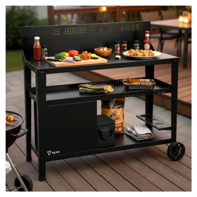 Produktbild von Grillwagen 125 x 57 x 104 cm | Schwarz | Grilltisch mit großer Arbeitsfläche und Windschutz