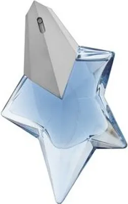 A star-shaped perfume bottle with blue liquid and a silver cap.