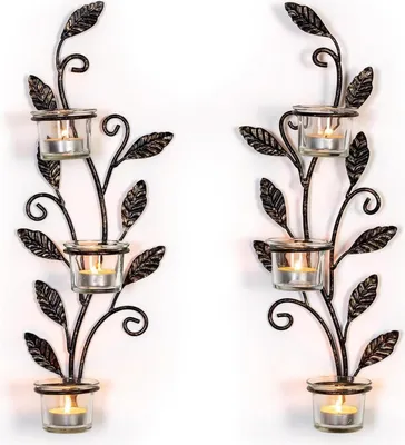 Zdjęcie produktu dla Świecznik ścienny liść czarny metal 6 tealight szklany świecznik vintage