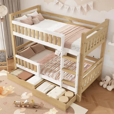 Productafbeelding van STILVORA Etagebed 90 x 200 cm, gemaakt van hout, met ladder. Kinderbed dat kan worden opgedeeld in 2 eenpersoonsbedden. Hoogslaper met valbeveiliging en 2 lades