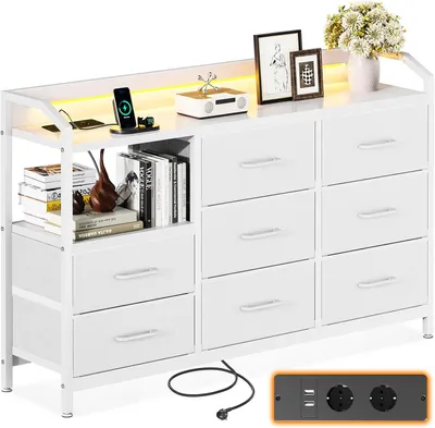 Productafbeelding van Commode met lades, ladekast met LED-verlichting met 10 instelbare kleuren en 2 USB-poorten en 2 stopcontacten, en 8 stoffen lades