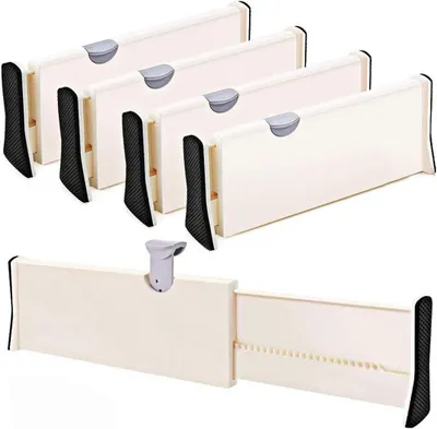A set of adjustable drawer dividers.