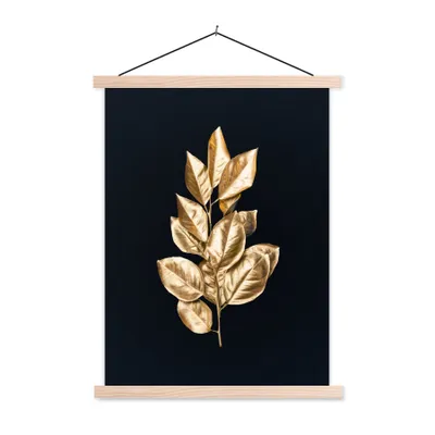 Produktbild von MuchoWow® Textilposter Pflanze - Blätter - Gold - Schwarz - Luxus 60x80 cm mit holzfarbenen Rahmen - Wandbild