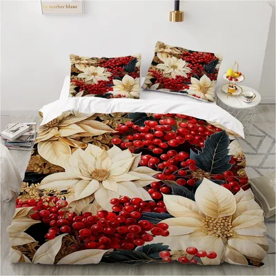 Zdjęcie produktu dla Komplet pościeli 4-częściowy, 135x200 cm, wzór kwiatowy, kolor biały i czerwony, wykonany z mikrofibry. Zawiera: jeden komplet pościeli na łóżko (135x200 cm) oraz dwie poszewki na poduszki (80x80 cm)