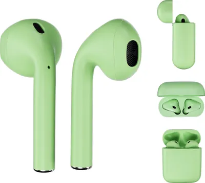 A set of light green wireless earbuds and their charging case, shown from multiple angles against a white background.