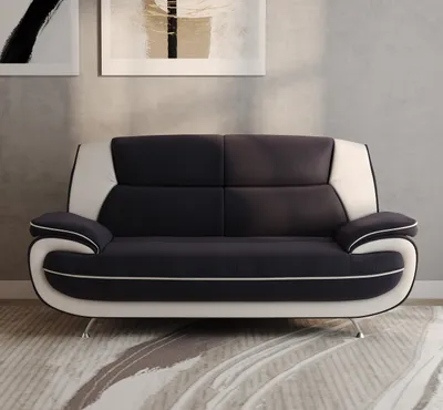 A modern two-seater sofa with a black and white color scheme, placed in a room with abstract art on the wall and a patterned rug on the floor.