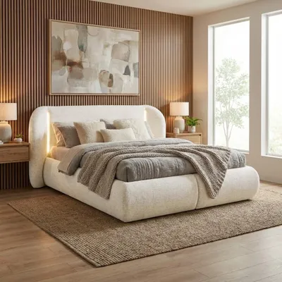 Obrázek produktu pro BEAUTYSOFA | Čalouněná postel CORFU 140 × 200 cm – designová postel s úložným prostorem, LED čelem a roštem, manželská postel v béžové barvě