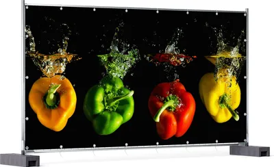 Produktbild von Wallario XXL Outdoor-Poster für Garten oder Balkon, Motiv Bunte Küche  Paprika in rot  gelb  orange und grün im Wasser, in ca. 340 x 173 cm