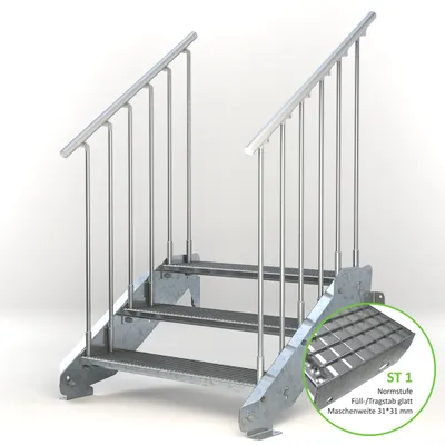 Produktbild von Stahltreppe 3 Stufen bis Höhe 64 cm, Laufbreite : 100 cm beidseitiges Geländer ST 1 (31 / 31 mm)