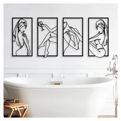 Produktbild von Schwarze Metall-Wandkunst, minimalistische Frauenlinie, Wanddekoration für Badezimmer, Schlafzimmer und Wohnzimmer (4 Stück, 43,2 x 22,9 cm)