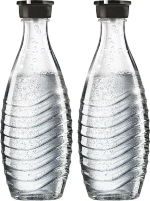 Two clear glass bottles with black caps, filled with a clear liquid and bubbles.