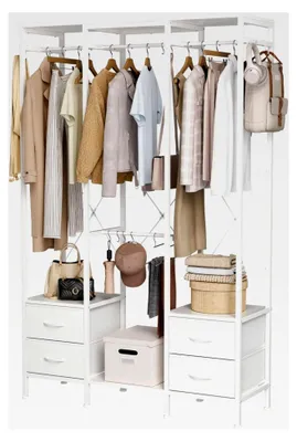 Produktbild von Offener Kleiderschrank, Kleiderständer, Garderobenständer mit 4 Schubladen, stabiler Kleiderständer für Schlafzimmer, Wohnzimmer, Eingangsbereich, Weiß