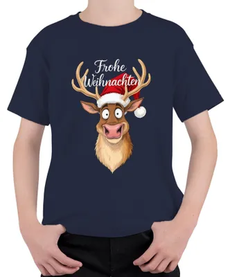 Produktbild von Frohe Weihnachten Lustiges Rentier Weihnachtsmütze Cartoon Humor Kinder T-Shirt, Navy, 128
