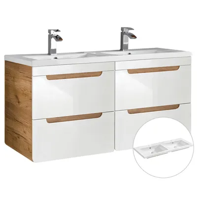 Produktbild von Doppel-Waschtischunterschrank 120 cm mit Keramikbecken LUTON-56 Hochglanz weiß mit Wotan Eiche Nb. B/H/T ca. 121/63/46 cm