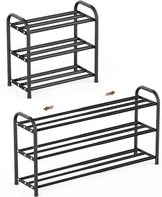 Produktbild von Unyqoos® Schuhregal aus Metall, 3-stufig, verstellbar 43–78 cm, schwarz – für Innen & Außen, rostbeständig, Platz für 6–12 Paar