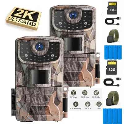 Image de Caméra de surveillance pour la faune et la chasse, résolution 36MP, 2K, avec détection de mouvement, étanche IP66, vision nocturne infrarouge pour une utilisation en extérieur, inclut une carte mémoire de 32 Go et 2 pièces