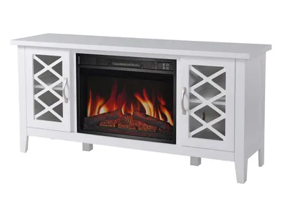 A white electric fireplace media console is shown against a white background.