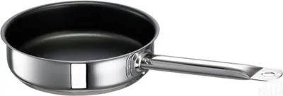 A single stainless steel saucepan with a black interior is shown against a white background.