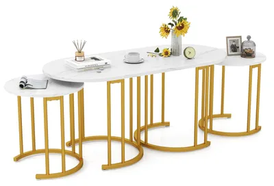 Salontafel-Set, 3-teilig, oval, Kunstmarmor, gold, 110x50x50,5 cm