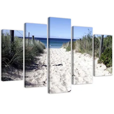 Produktbild von 5-teiliges leinwandbild weg durch die dünen 200x100 cm Feeby blau wandbild bereit zum aufhängen