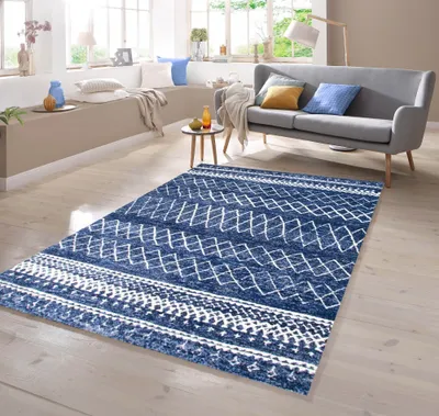 Produktbild von Designer Teppich mit Ornamente in Blau Creme Größe - 80 x 150 cm