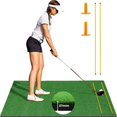 Produktbild von GOPLUS Golf Abschlagmatte, 152x92 cm Golf Übungsmatte mit 2 Ausrichtungsstäben, 2 Golf Tees & 6 Positionen, Golf Trainingsmatte für drinnen & draußen