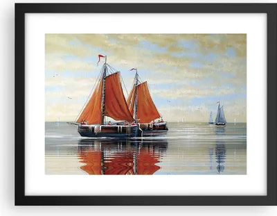 Produktbild von Gerahmtes Poster - Schwarzer Rahmen - Segelschiffe Öl Orange - 40x30 cm - Wand Bild - Wanddeko - Wandbilder - Kunstposter - Wandposter - Bilderrahmen - Bilder - Kunstdruck - P2BAA40x30-4404