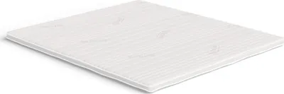 A white mattress topper with a striped pattern is shown from a slightly elevated angle against a white background.