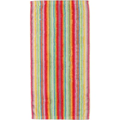 A colorful striped towel laid flat against a white background.