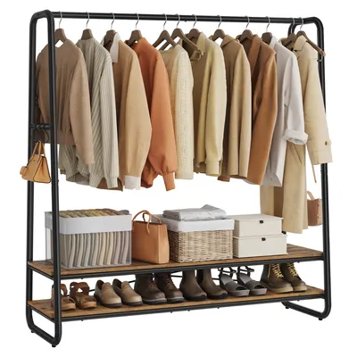 Produktbild von Kleiderständer, Garderobenständer, Garderobe, 2 Ablagen, 6 Haken in S-Form, Stahlgestell, vintagebraun-schwarz