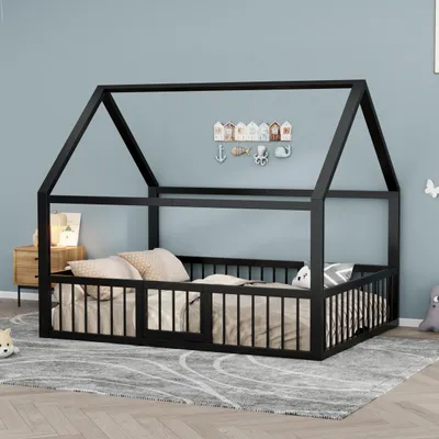 Produktbild von Merax Kinderbetten 140x200 cm, Metallbett, Eisenbett mit Dach & Brüstung, Hausbett, Kinder- & Jugendbett, Bodenbett, Schwarz