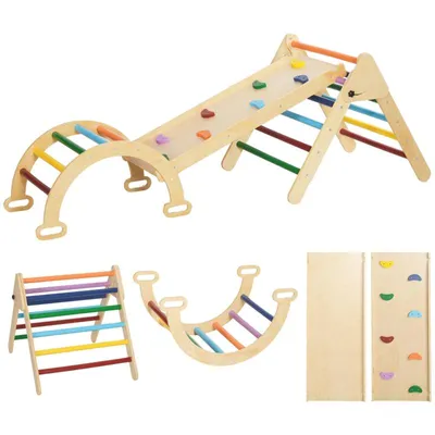 Produktbild von LVHOM 5-in-1 Klettergerüst aus Holz, Faltbares Kletterdreieck für Kleinkinder, Pikler Dreieck mit Rutsche, Indoor Motorikspielzeug