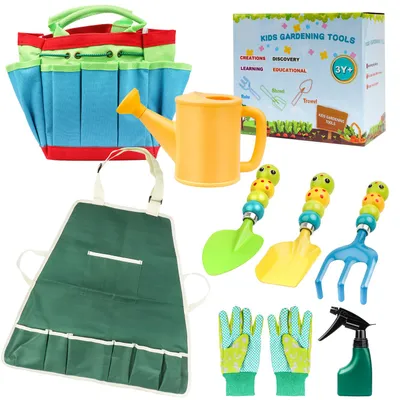 Produktbild von 9-teiliges Kinder-Gartenset: Gartengeräte, Handschuhe, Tasche, Gießkanne, Sprühflasche, Schürze, Schaufel, Spaten, Rechen