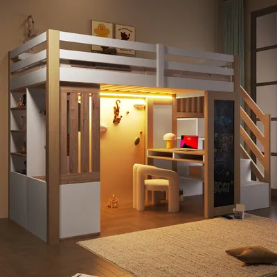 Productafbeelding van Hoogslaper 90x200, bureau, planken, kledingkast, opbergrek, tafel, LED-verlichting (wit + naturel)